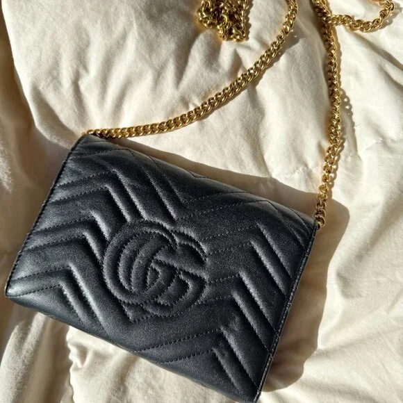 Black Gucci GG Marmont Wallet on Chain Purse - Picture 9 of 15